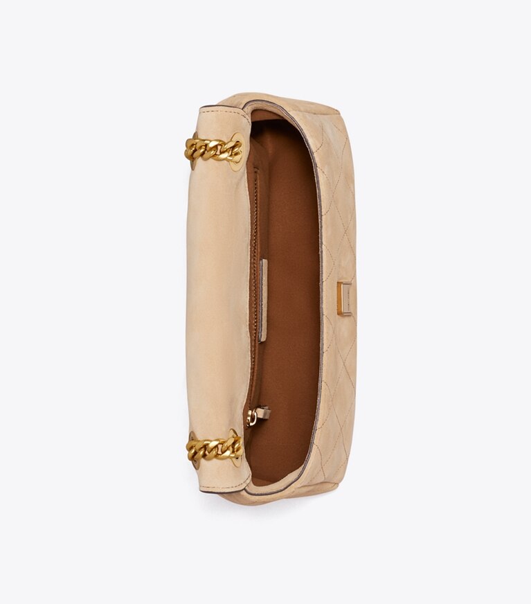 Tory Burch designer schultertaschen Kleine, gesteppte Charlie Schultertasche aus Wildleder in Stone von oben
