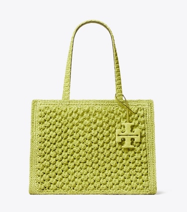 Tory Burch designer tote bags Kleine, handgehäkelte Ella Popcorn Tote Bag in Citrus Green front