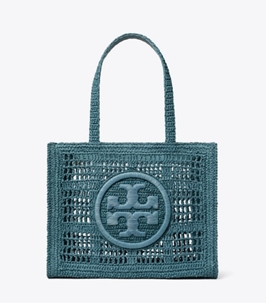 Tory Burch designer tote bags Kleine, handgehäkelte Ella Tote Bag in Deep Slate front