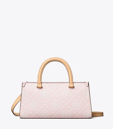 Tory Burch designer henkeltaschen Kleine, rechteckige Tote Bag mit kontrastierender T-Monogramm-Prägung in Powder Pink front