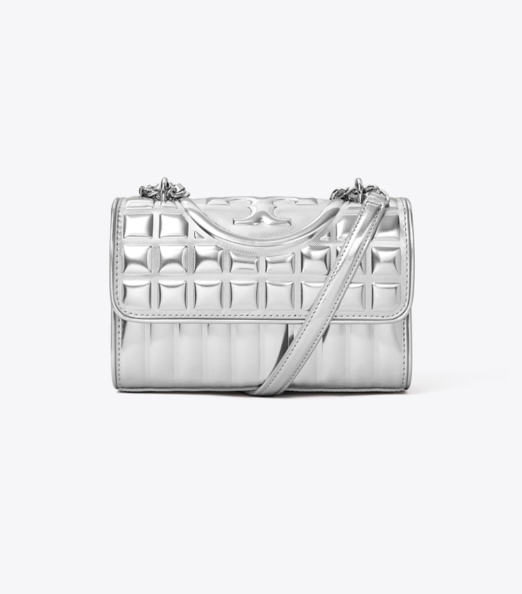Tory Burch designer schultertaschen Kleine, wandelbare, gesteppte Fleming Schultertasche in Metallic in Silver front