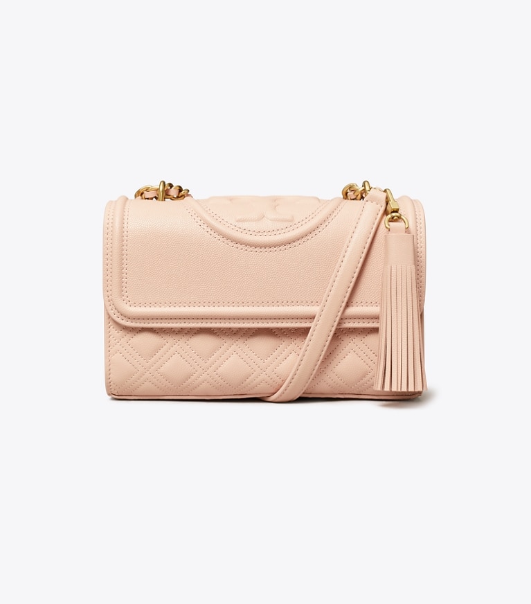 Tory Burch designer schultertaschen Kleine, wandelbare Fleming Schultertasche aus poliertem Narbenleder in Pink Dawn angle