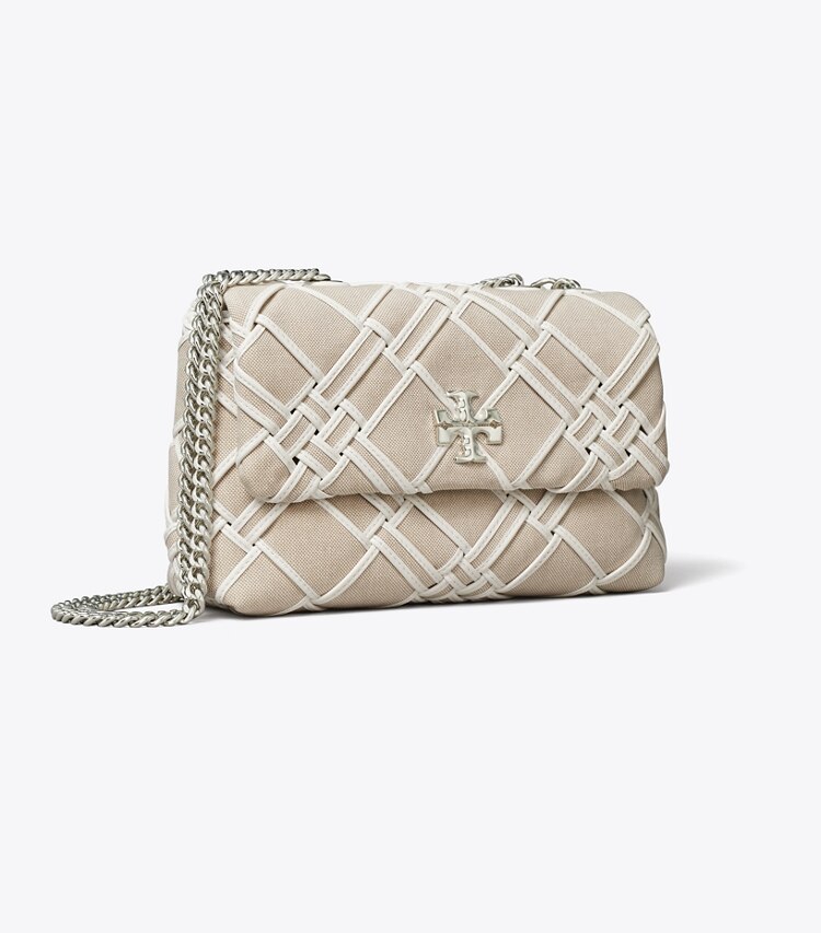 Tory Burch designer schultertaschen Kleine, wandelbare Kira Schultertasche aus gewebtem Canvas in Natural / Blanc angle