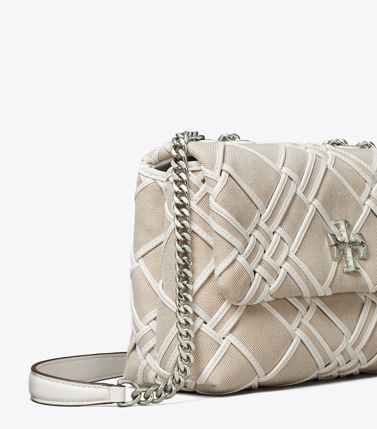 Tory Burch designer schultertaschen Kleine, wandelbare Kira Schultertasche aus gewebtem Canvas in Natural / Blanc angle