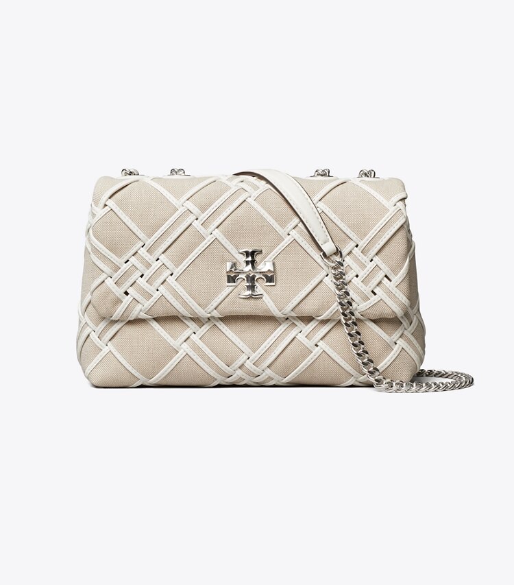 Tory Burch designer schultertaschen Kleine, wandelbare Kira Schultertasche aus gewebtem Canvas in Natural / Blanc front
