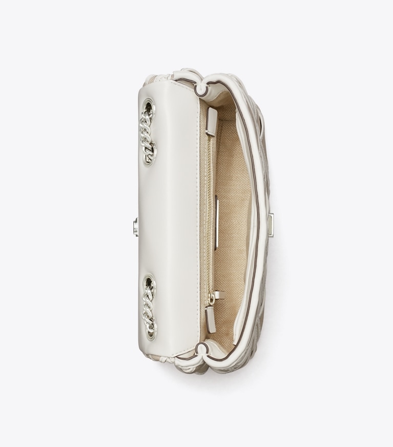 Tory Burch designer schultertaschen Kleine, wandelbare Kira Schultertasche aus gewebtem Canvas in Natural / Blanc angle