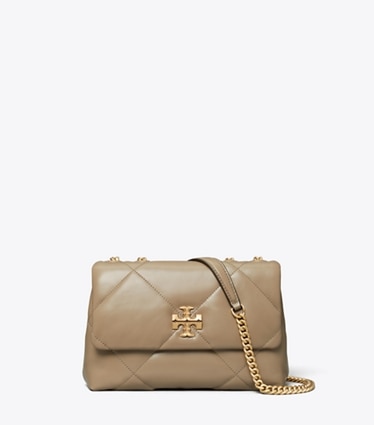 Tory Burch designer schultertaschen Kleine, wandelbare Kira Schultertasche mit Rautensteppung in Taupe Oak front