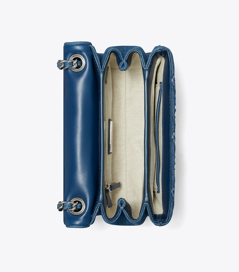 Tory Burch designer schultertaschen Kleine, weiche, wandelbare Fleming Schultertasche aus Denim in Denim angle