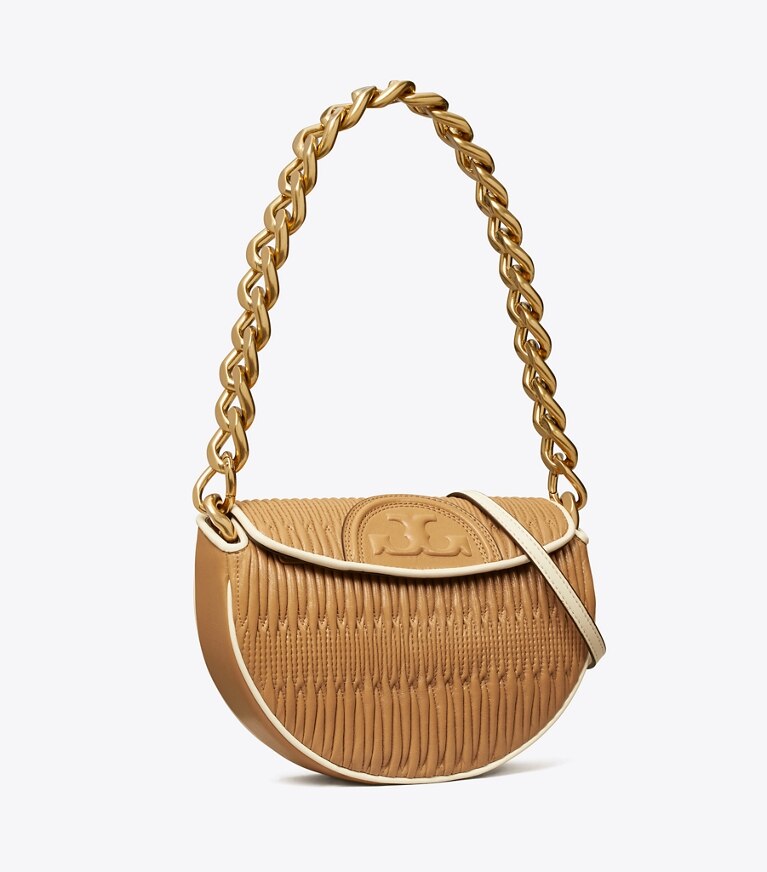 Tory Burch designer schultertaschen Kleine, weiche und plissierte Fleming Crescent Bag in DUSTY ALMOND angle