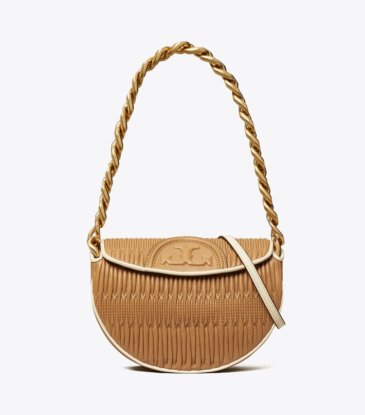 Tory Burch designer schultertaschen Kleine, weiche und plissierte Fleming Crescent Bag in DUSTY ALMOND front