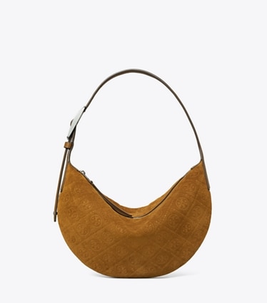 Tory Burch designer schultertaschen Kleine Balloon Bag aus Wildleder mit T-Monogramm in CHICORY BROWN front