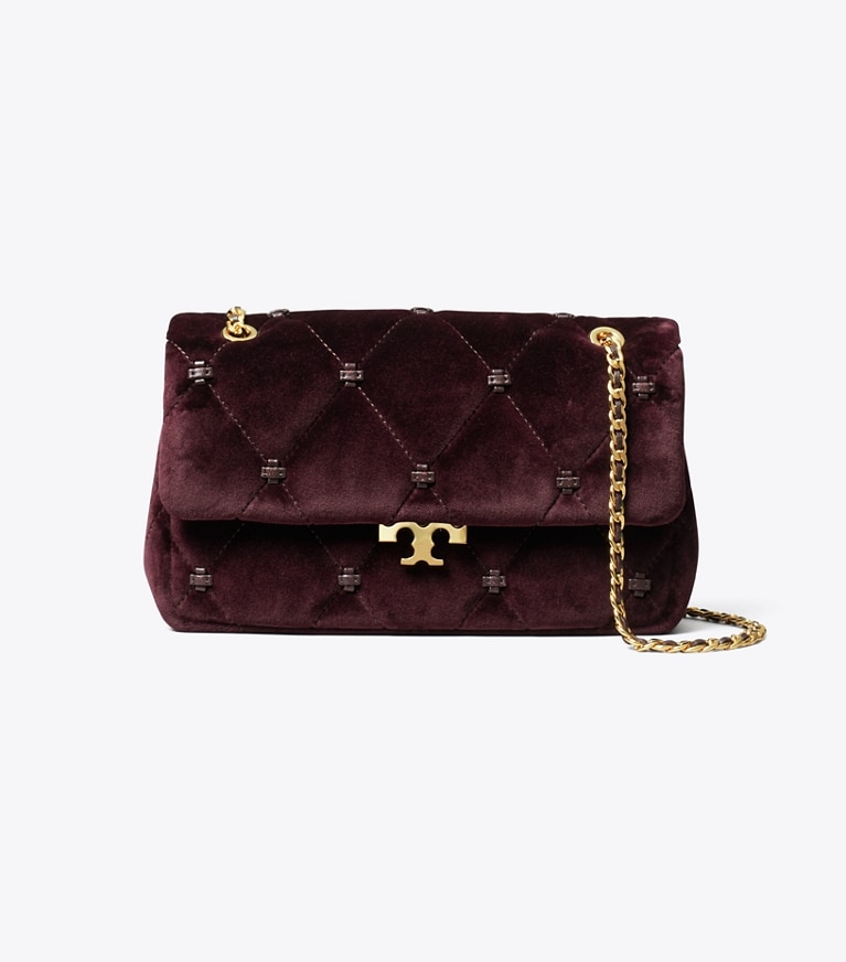 Tory Burch designer schultertaschen Kleine Bunny Knot Schultertasche aus Samt in Dark Cherry front