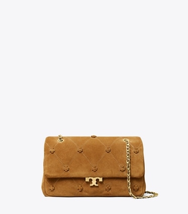 Tory Burch designer schultertaschen Kleine Bunny Knot Schultertasche aus Wildleder in Toffee front