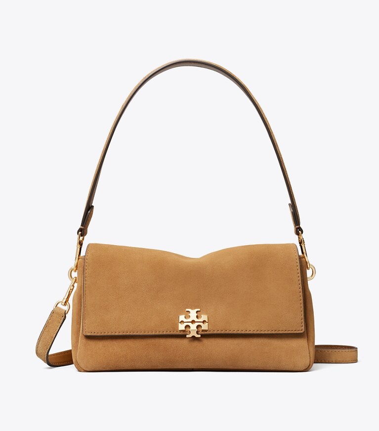 Tory Burch designer schultertaschen Kleine Charlie Schultertasche aus Wildleder in Toffee front