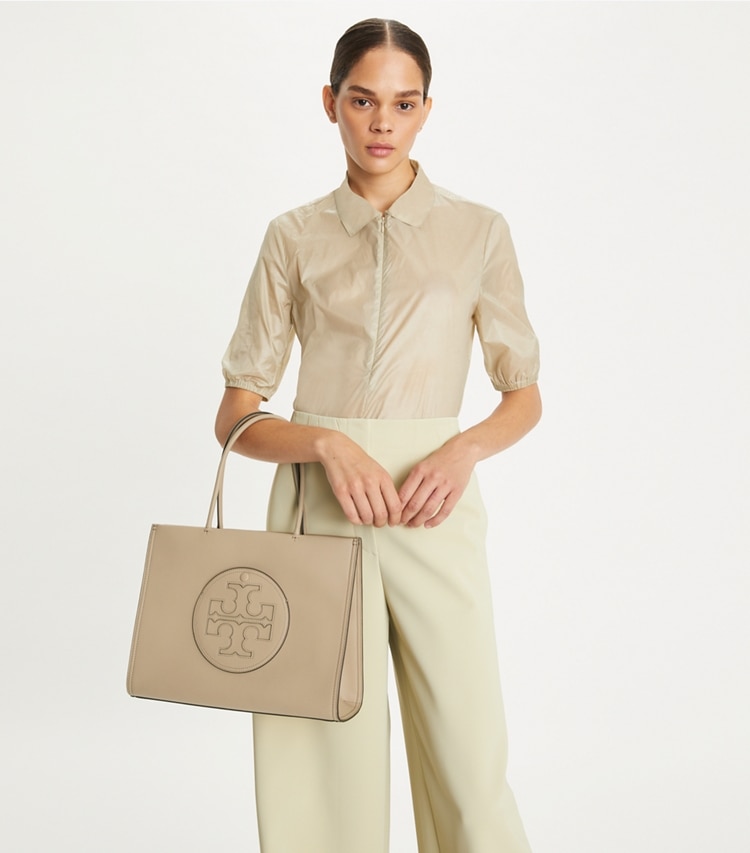 Tory Burch designer tote bags Kleine Ella Bio Tote Bag in Fresh Clay accessory on model