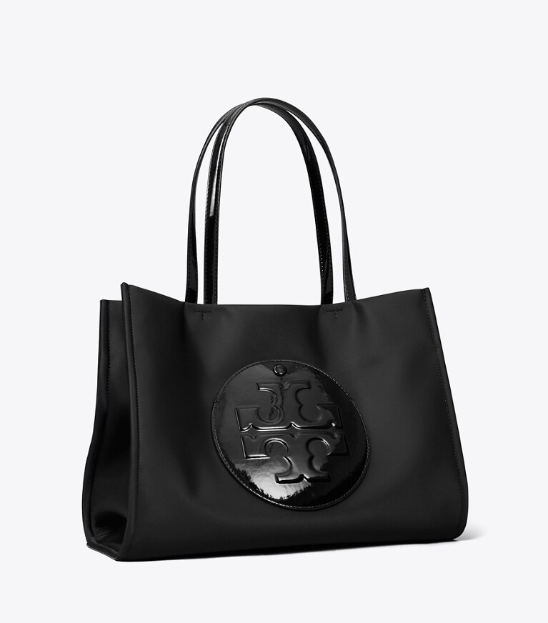 Tory Burch designer tote bags Kleine Ella Tote Bag aus Lackleder in Black angle