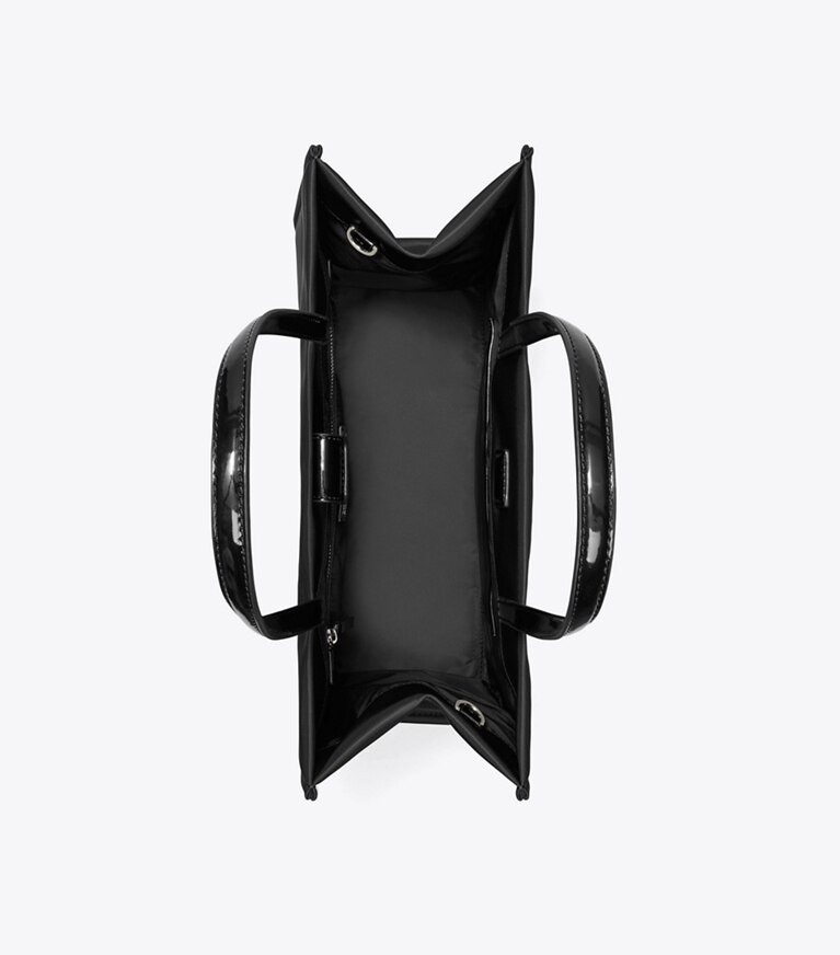 Tory Burch designer tote bags Kleine Ella Tote Bag aus Lackleder in Black angle