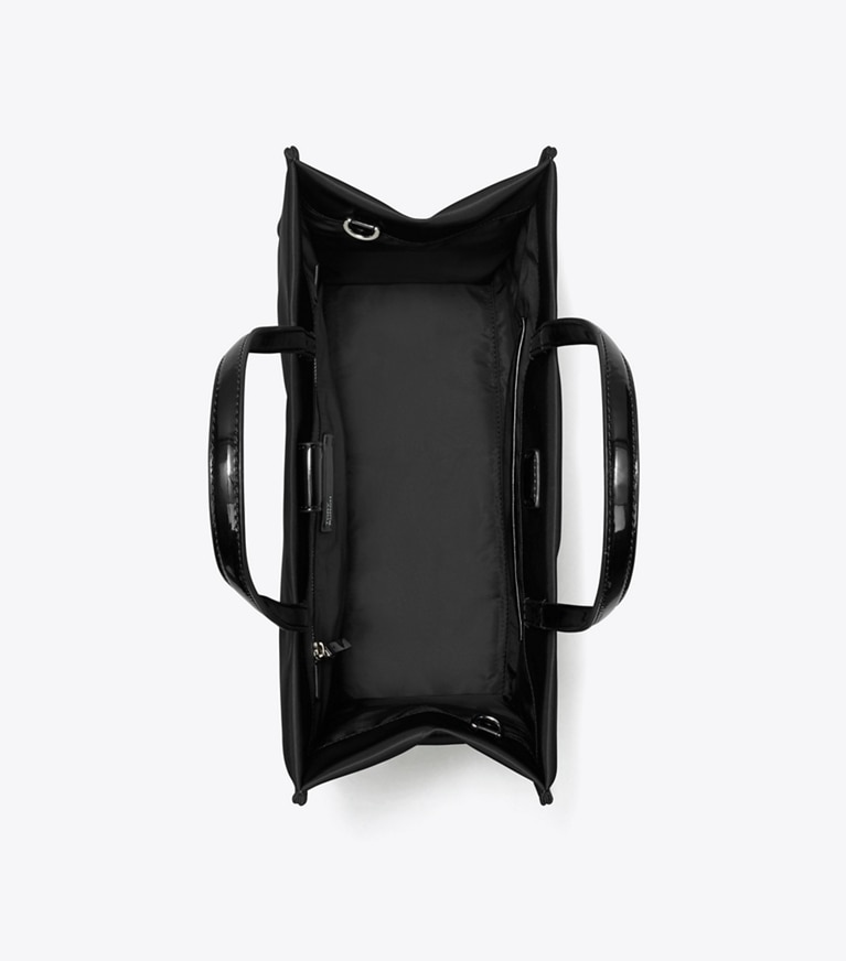 Tory Burch designer tote bags Kleine Ella Tote Bag aus Lackleder in Black angle
