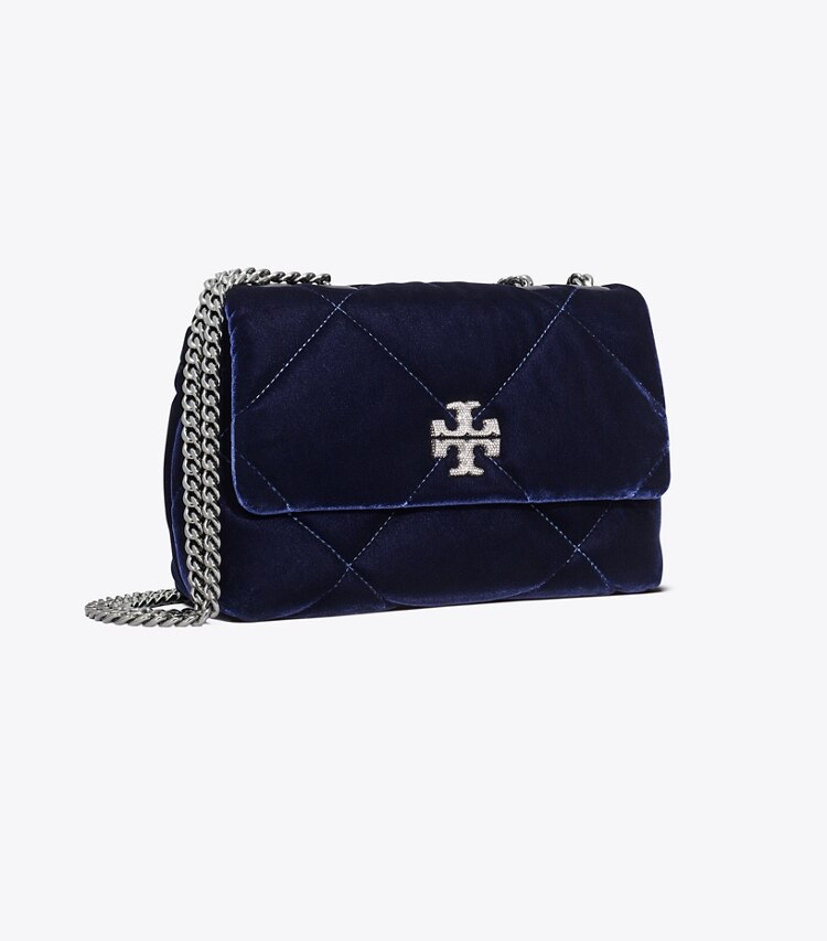Tory Burch designer schultertaschen Kleine Kira Schultertasche aus Samt mit Rautensteppung und Pavé in PERFECT NAVY angle