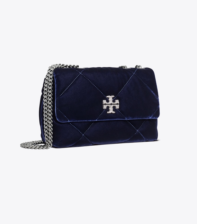 Tory Burch designer schultertaschen Kleine Kira Schultertasche aus Samt mit Rautensteppung und Pavé in PERFECT NAVY angle