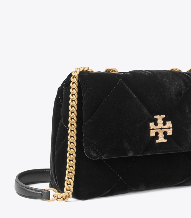 Tory Burch designer schultertaschen Kleine Kira Schultertasche aus Samt mit Rautensteppung und Pavé in Black angle