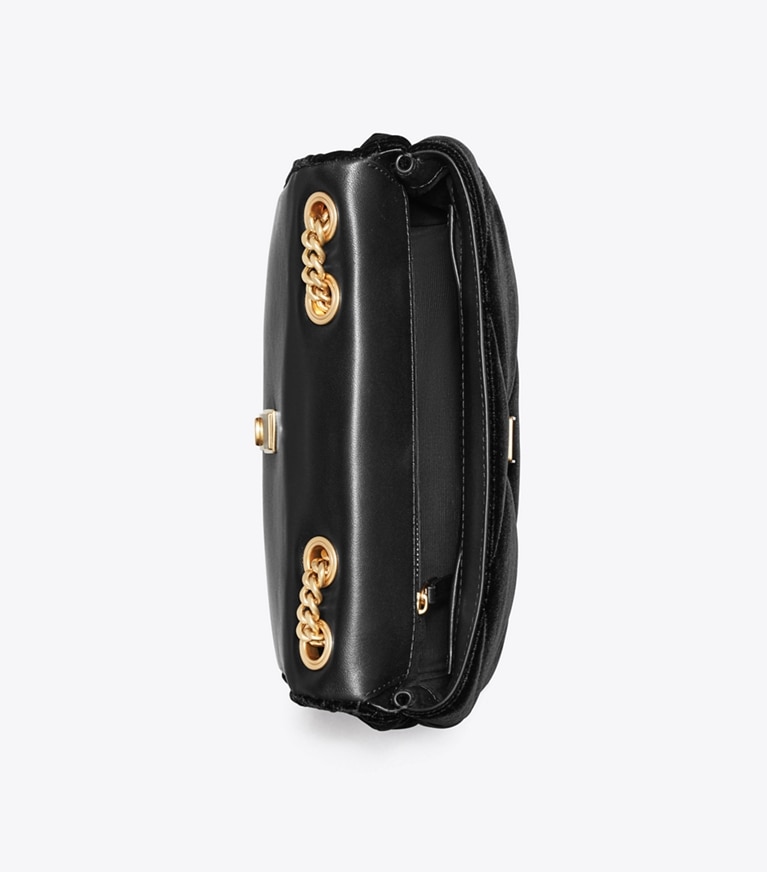 Tory Burch designer schultertaschen Kleine Kira Schultertasche aus Samt mit Rautensteppung und Pavé in Black angle