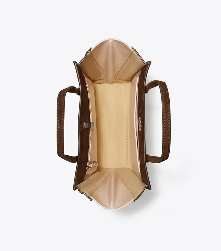Tory Burch designer tote bags Kleine Kira Tote Bag aus Wildleder mit Drehverschluss in Dark Cocoa von oben