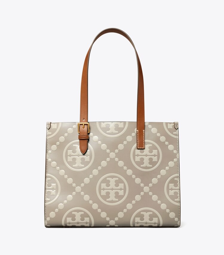 Tory Burch designer tote bags Kleine kontrastierend geprägte Tote Bag mit T-Monogramm in LONGAN / New Cream front