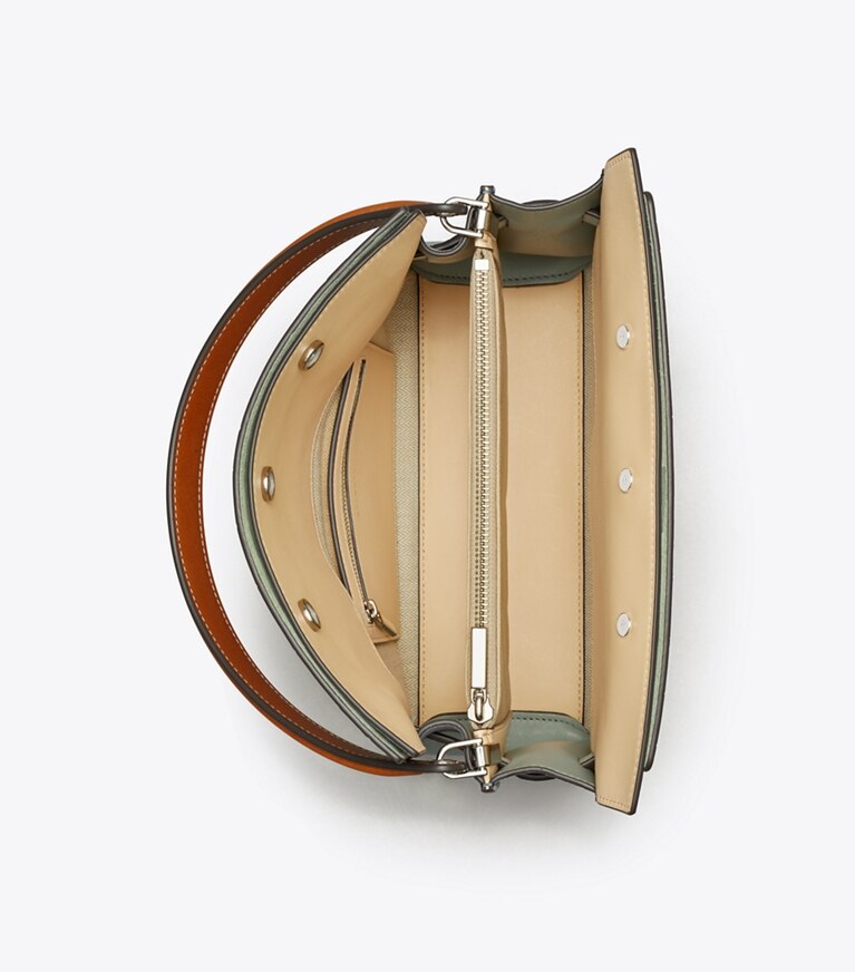 Tory Burch designer henkeltaschen Kleine Lee Radziwill Double Bag mit Krokoprägung in Blue Celadon angle