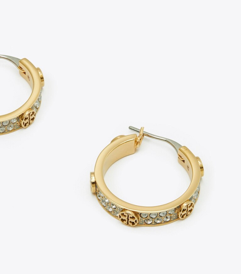 Tory Burch designer ohrringe Kleine Miller Creole mit Nieten in Tory Gold / Crystal front