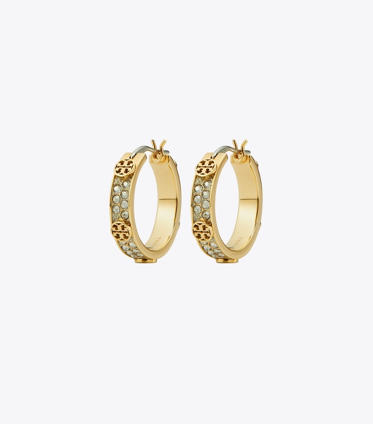 Tory Burch designer ohrringe Kleine Miller Creole mit Nieten in Tory Gold / Crystal front