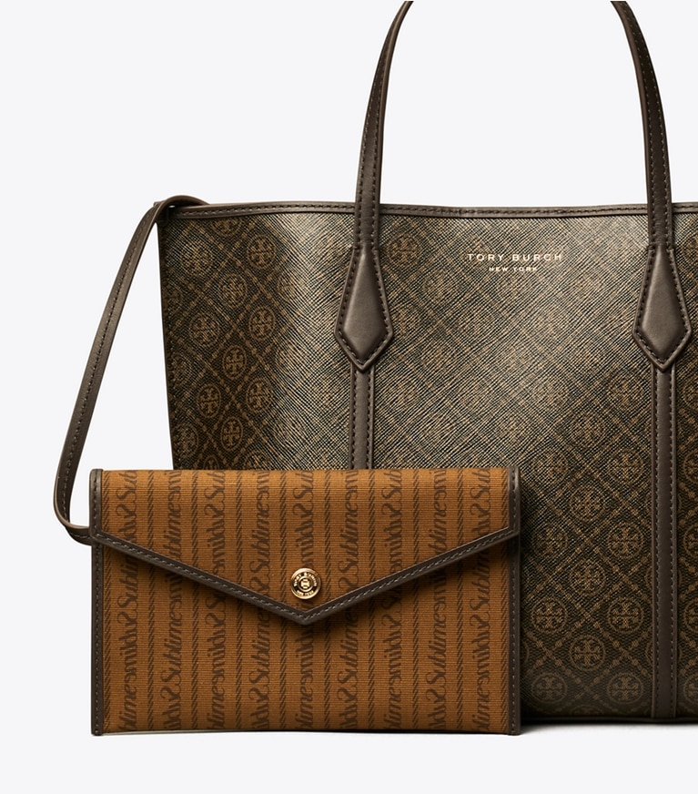 Tory Burch designer tote bags Kleine Perry Tote Bag aus beschichtetem Canvas in French Press angle