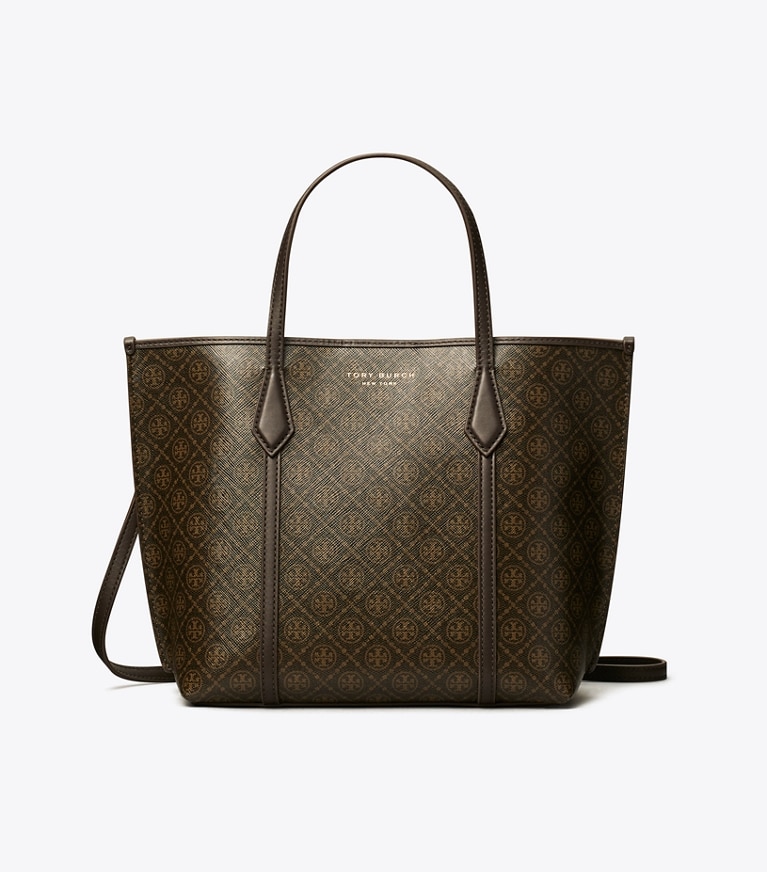 Tory Burch designer tote bags Kleine Perry Tote Bag aus beschichtetem Canvas in French Press angle