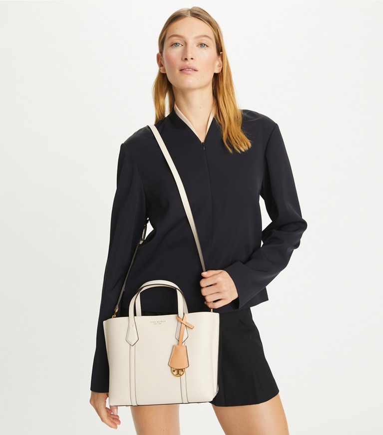 Tory Burch designer tote bags Kleine Perry Tote Bag mit drei Fächern in NEW IVORY angle