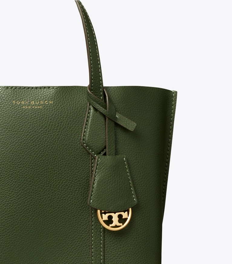 Tory Burch designer tote bags Kleine Perry Tote Bag mit drei Fächern in Basil angle