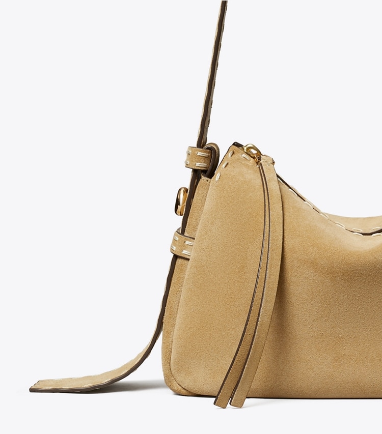 Tory Burch designer schultertaschen Kleine Romy Schultertasche aus Wildleder mit Heftnaht in Butter detail