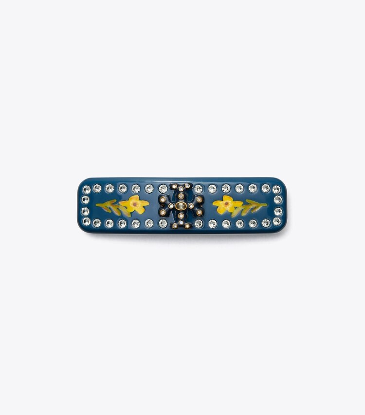 Tory Burch designer haarnadeln Kleine Roxanne Haarspange mit Verzierung in Rolled Tory Gold / Navy front