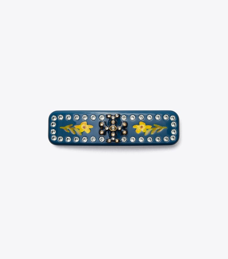 Tory Burch designer haarnadeln Kleine Roxanne Haarspange mit Verzierung in Rolled Tory Gold / Navy front