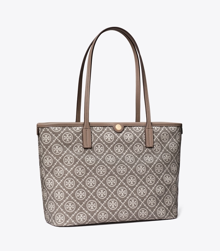 Tory Burch designer tote bags Kleine Tote Bag aus beschichtetem Jacquard mit T-Monogramm und Reißverschluss in Charcoal angle
