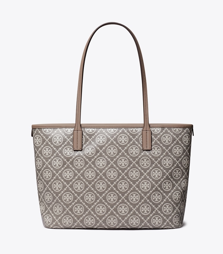 Tory Burch designer tote bags Kleine Tote Bag aus beschichtetem Jacquard mit T-Monogramm und Reißverschluss in Charcoal zurück
