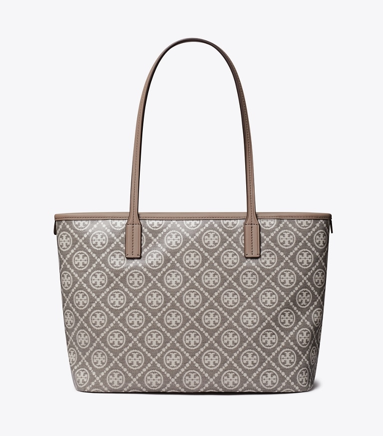 Tory Burch designer tote bags Kleine Tote Bag aus beschichtetem Jacquard mit T-Monogramm und Reißverschluss in Charcoal zurück