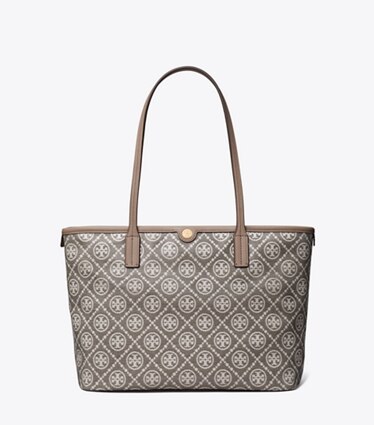 Tory Burch designer tote bags Kleine Tote Bag aus beschichtetem Jacquard mit T-Monogramm und Reißverschluss in Charcoal front