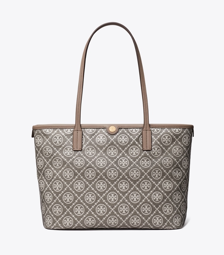 Tory Burch designer tote bags Kleine Tote Bag aus beschichtetem Jacquard mit T-Monogramm und Reißverschluss in Charcoal front
