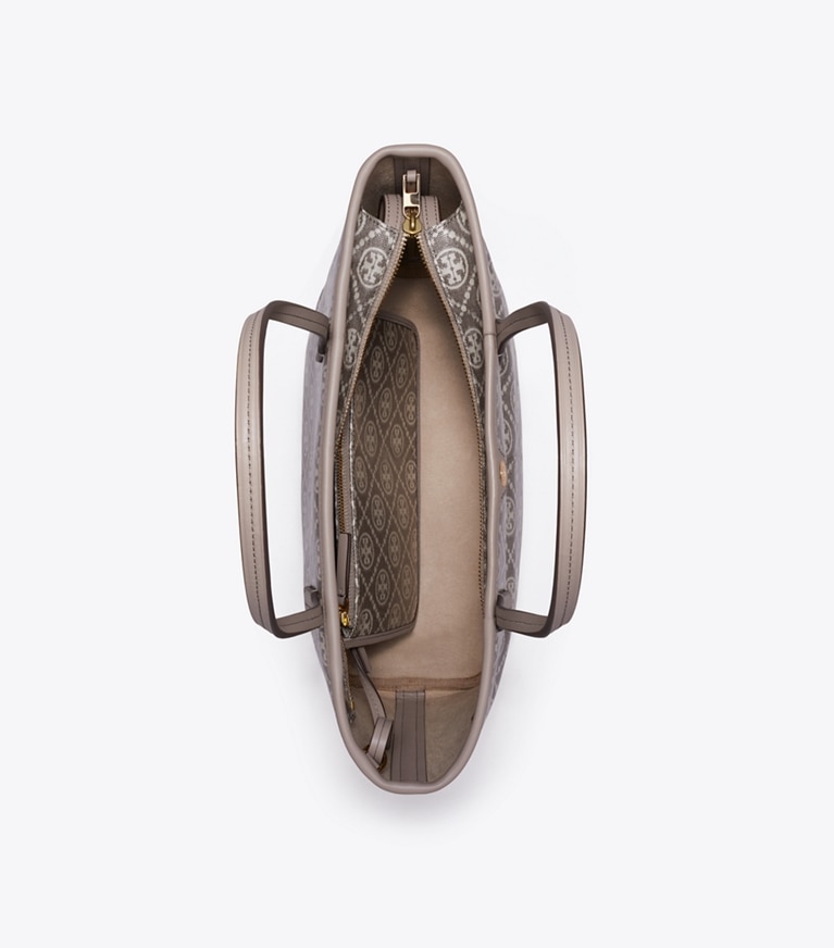 Tory Burch designer tote bags Kleine Tote Bag aus beschichtetem Jacquard mit T-Monogramm und Reißverschluss in Charcoal von oben