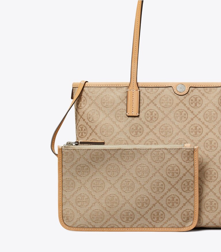 Tory Burch designer tote bags Kleine Tote Bag mit T-Monogramm und Reißverschluss in Flax detail