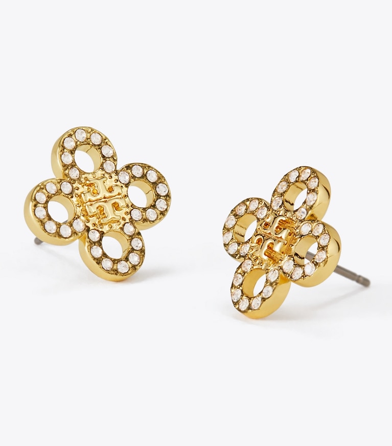 Tory Burch designer ohrringe Kleiner Kira Clover Pavé-Ohrstecker in Tory Gold / Crystal front