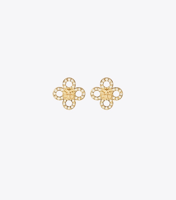 Tory Burch designer ohrringe Kleiner Kira Clover Pavé-Ohrstecker in Tory Gold / Crystal front