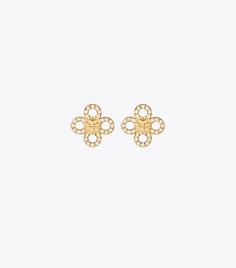 Tory Burch designer ohrringe Kleiner Kira Clover Pavé-Ohrstecker in Tory Gold / Crystal front