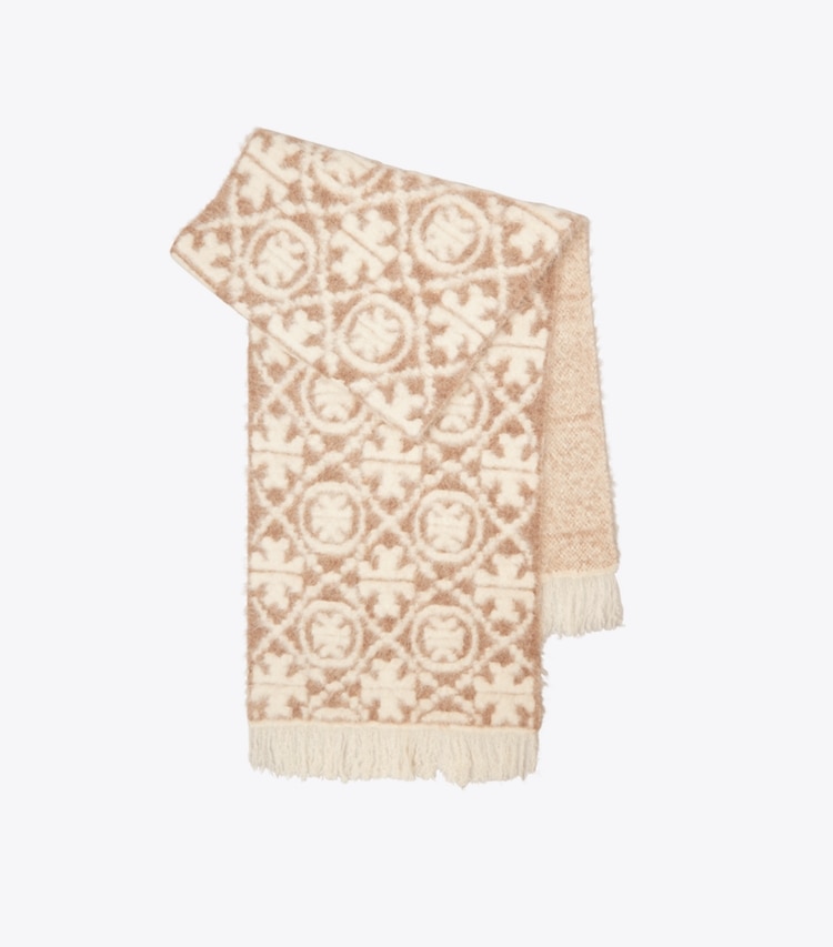 Tory Burch designer scarves Knit Brushed T Monogram Oblong Scarf in T Monogram Diamond Oblong Camel folded