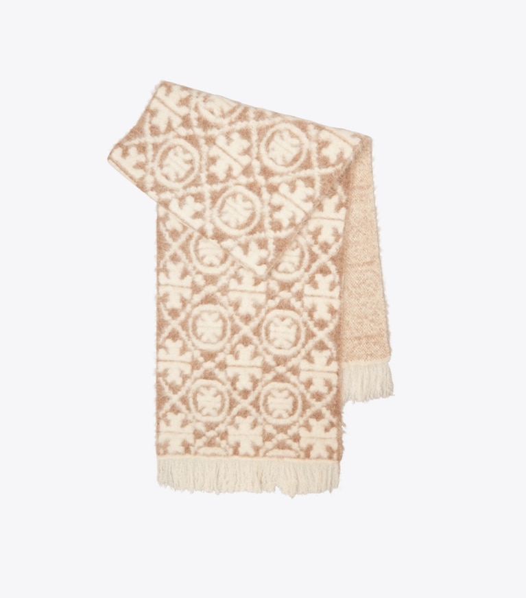 Tory Burch designer scarves Knit Brushed T Monogram Oblong Scarf in T Monogram Diamond Oblong Camel folded